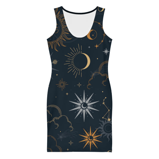 LuckeLadybug celestial bodycon dress with black background and gold and silver celestial print