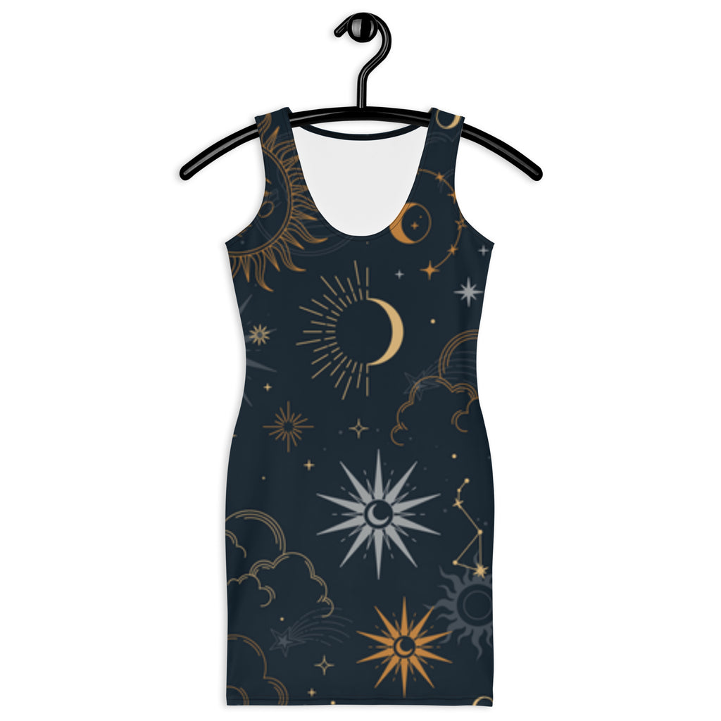 LuckeLadybug celestial bodycon dress with moon sun star and cloud patterns on dark fabric