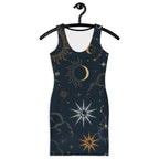LuckeLadybug celestial bodycon dress with moon sun star and cloud patterns on dark fabric