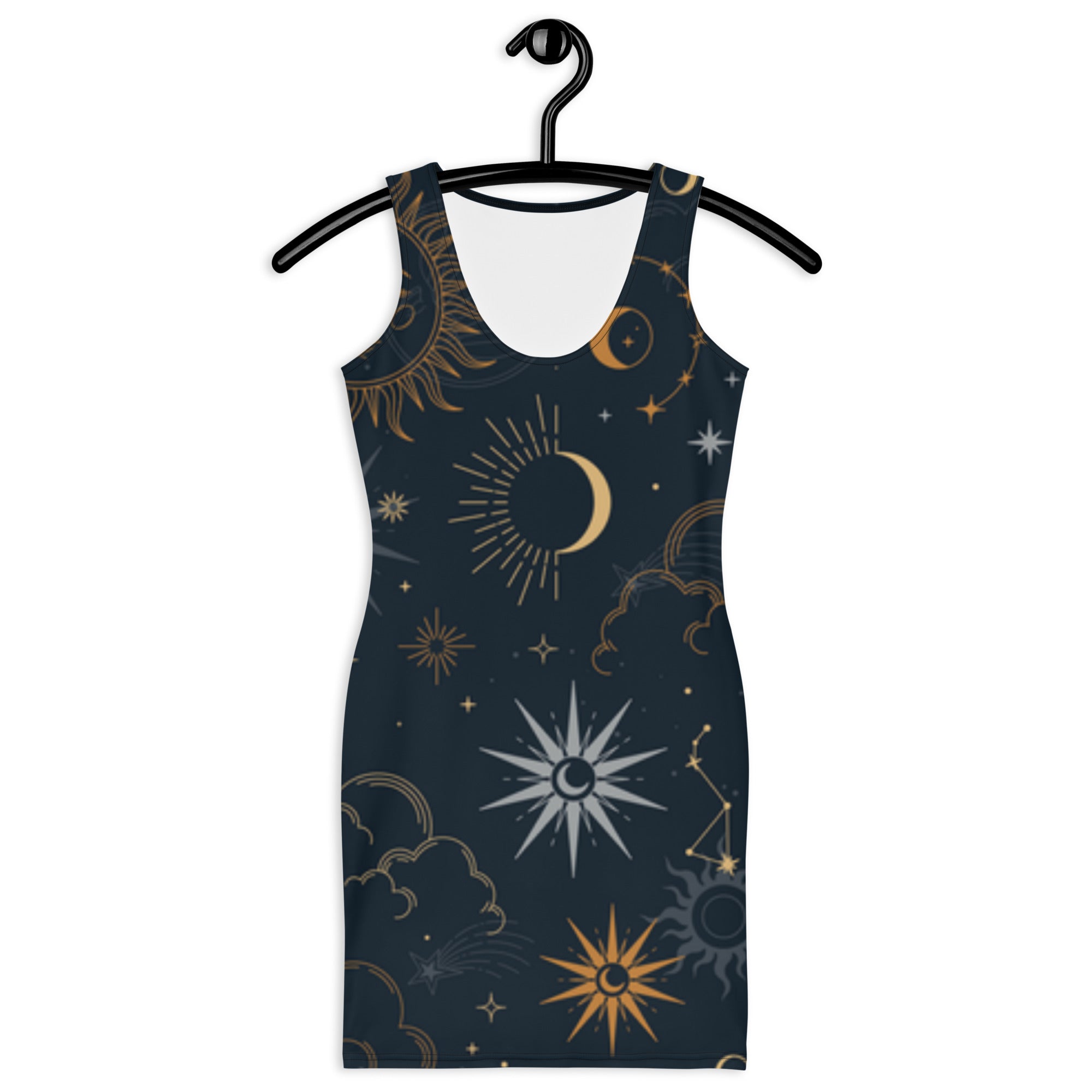 LuckeLadybug celestial bodycon dress with moon sun star and cloud patterns on dark fabric