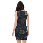 Back view of a celestial bodycon dress with gold and black cosmic designs worn by a woman