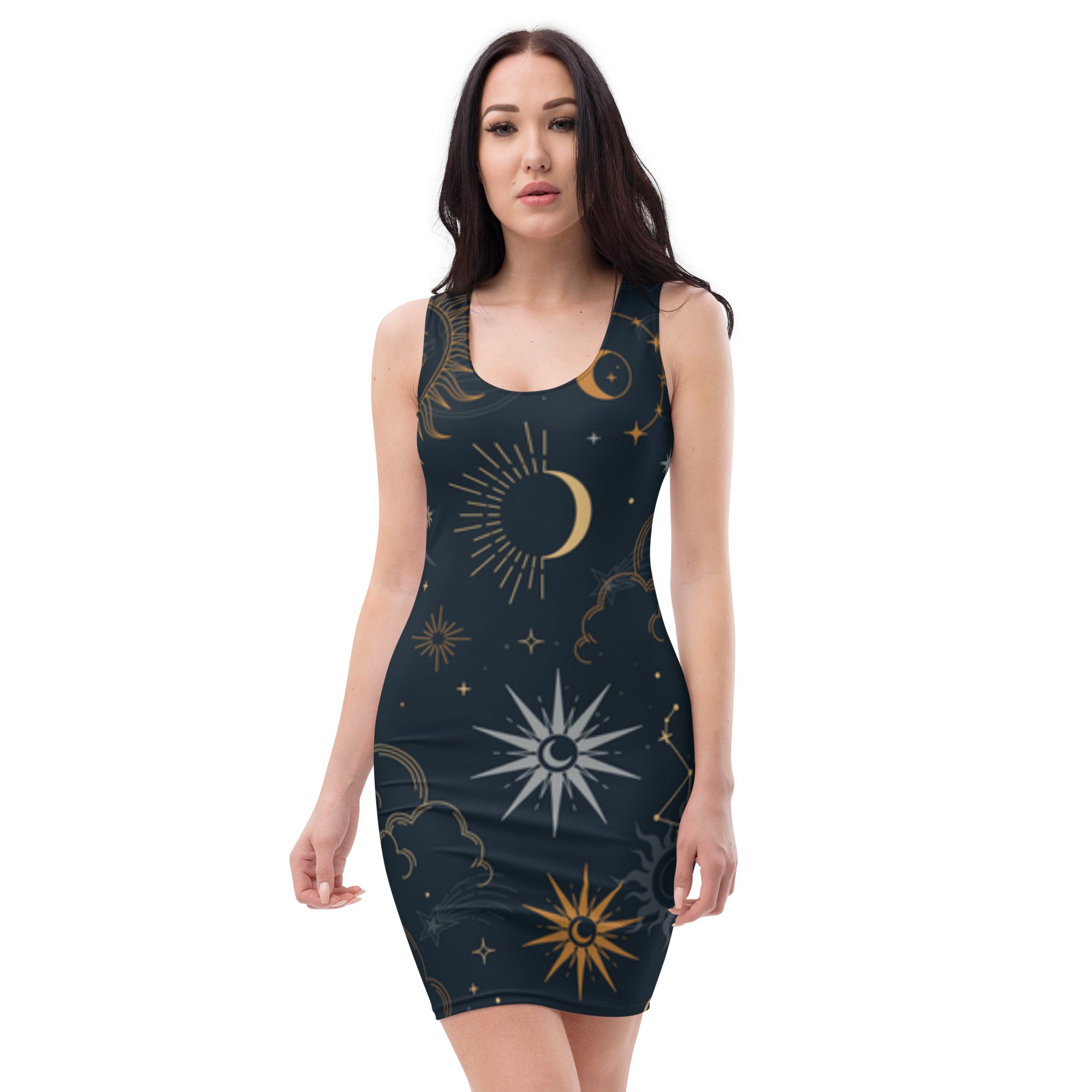 LuckeLadybug celestial bodycon dress with sun moon and star patterns in dark blue