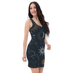 Woman wearing LuckeLadybug celestial bodycon dress with sun moon and star prints