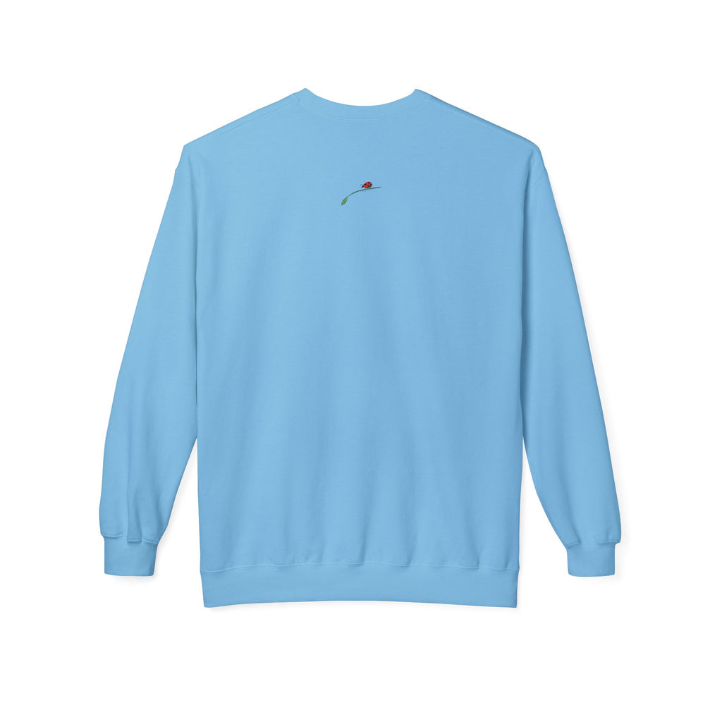 LuckeLadybug light blue coffee lover fleece sweatshirt with small red ladybug design on back
