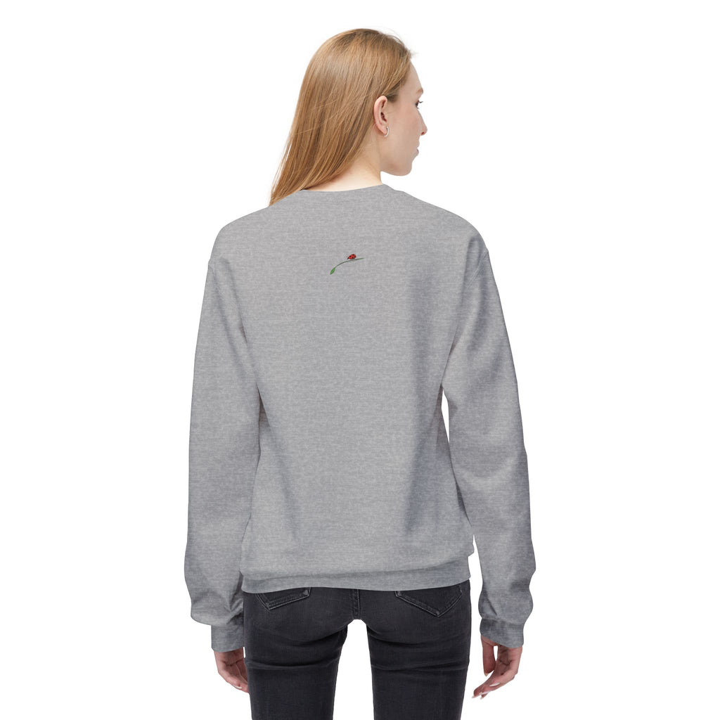 Back view of a woman wearing a gray coffee lover fleece sweatshirt with small rose embroidery