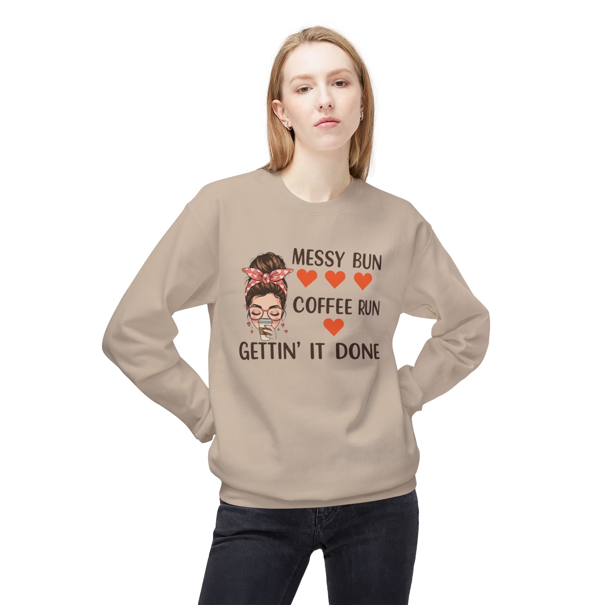Coffee lover fleece sweatshirt by LuckeLadybug with messy bun and coffee run graphic design