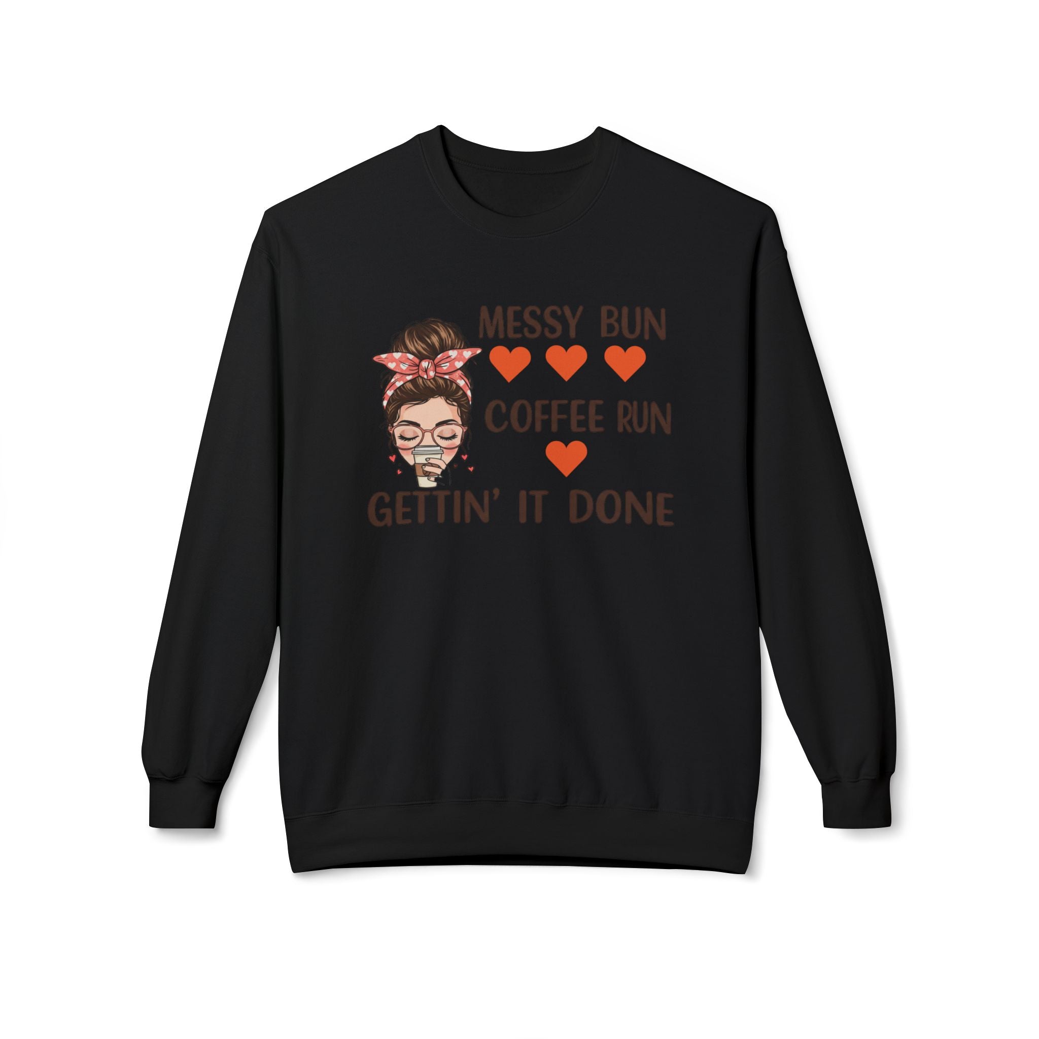 LuckeLadybug black coffee lover fleece sweatshirt with messy bun and coffee run graphic design