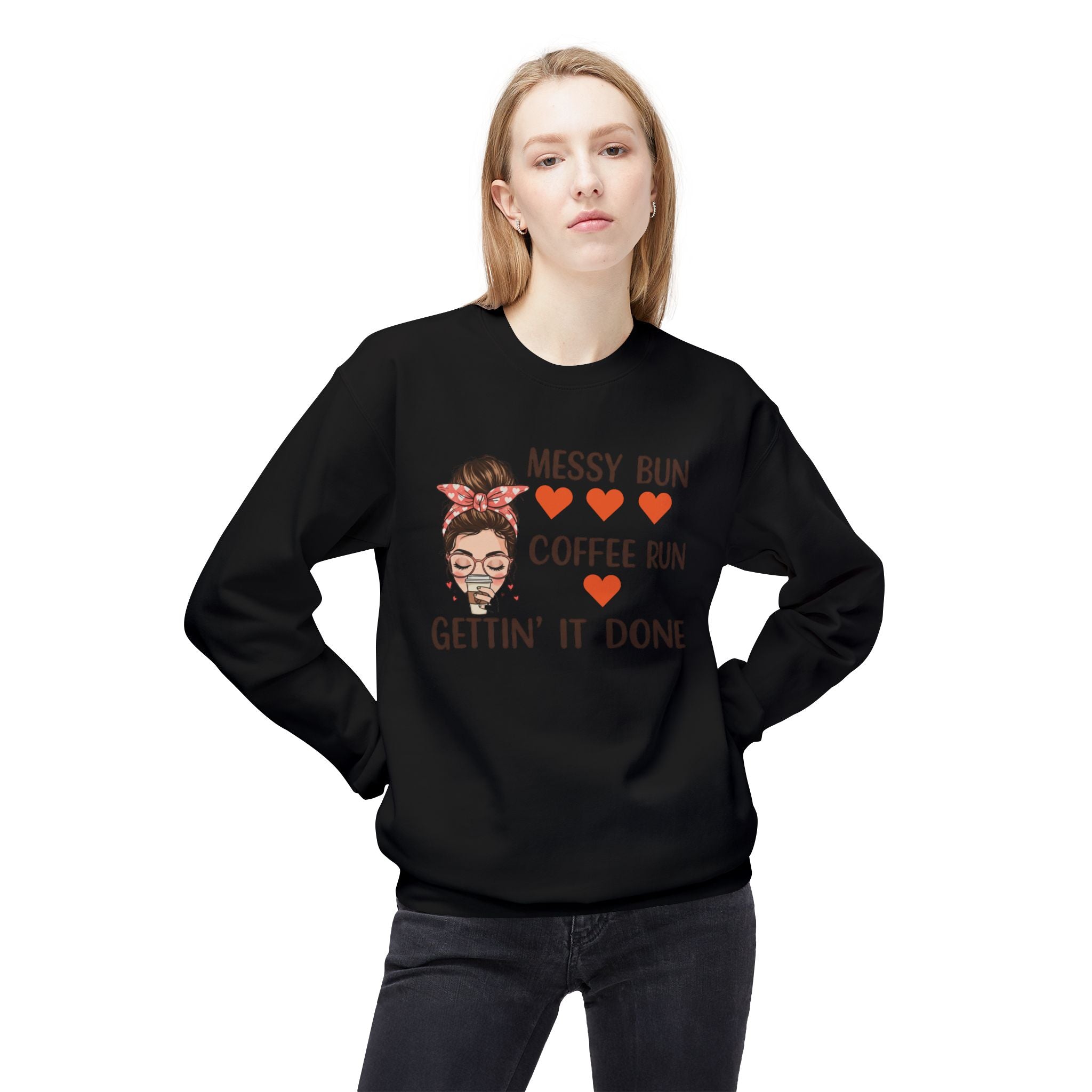 black coffee lover fleece sweatshirt with messy bun and coffee run graphic design