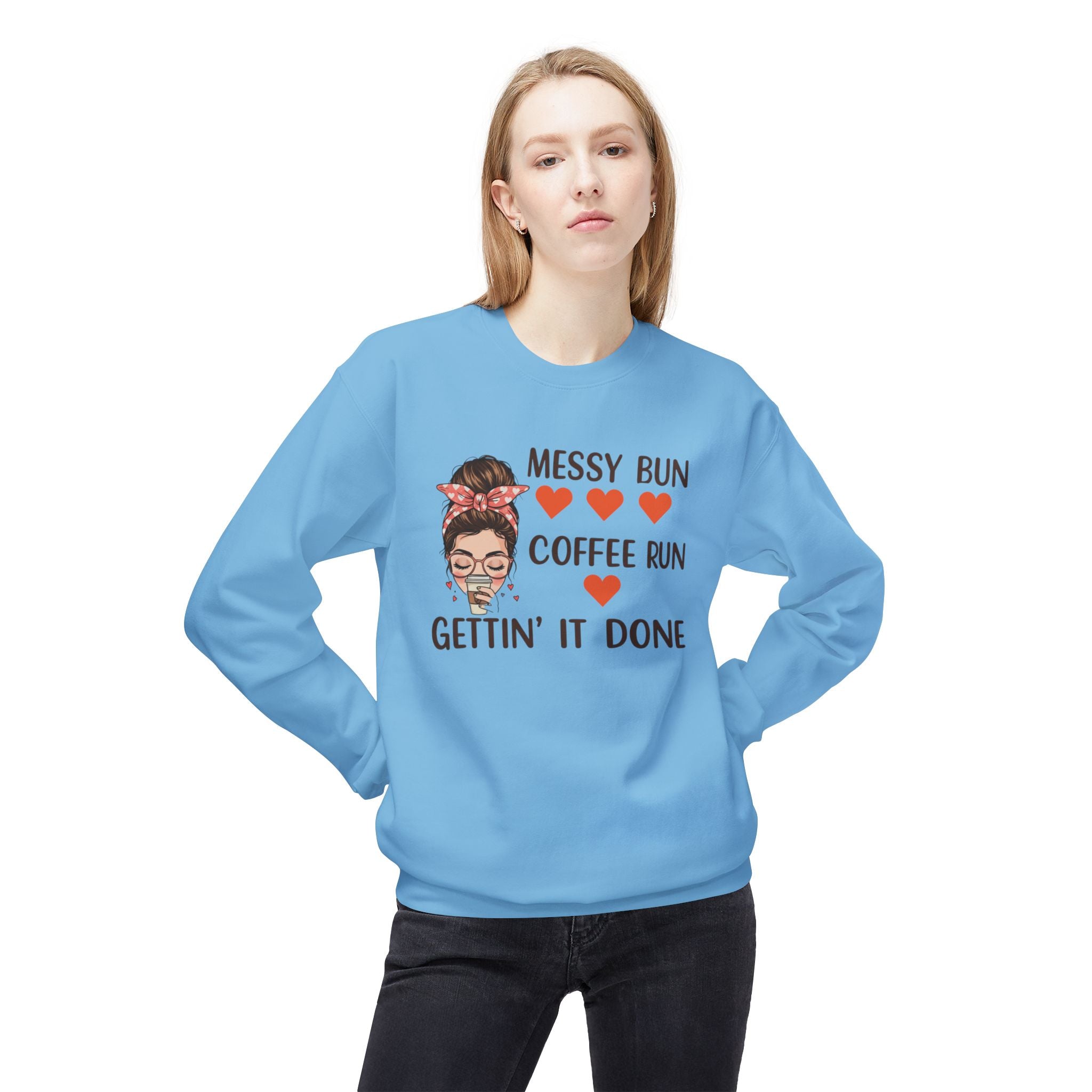Light blue coffee lover fleece sweatshirt with messy bun and coffee run graphic design