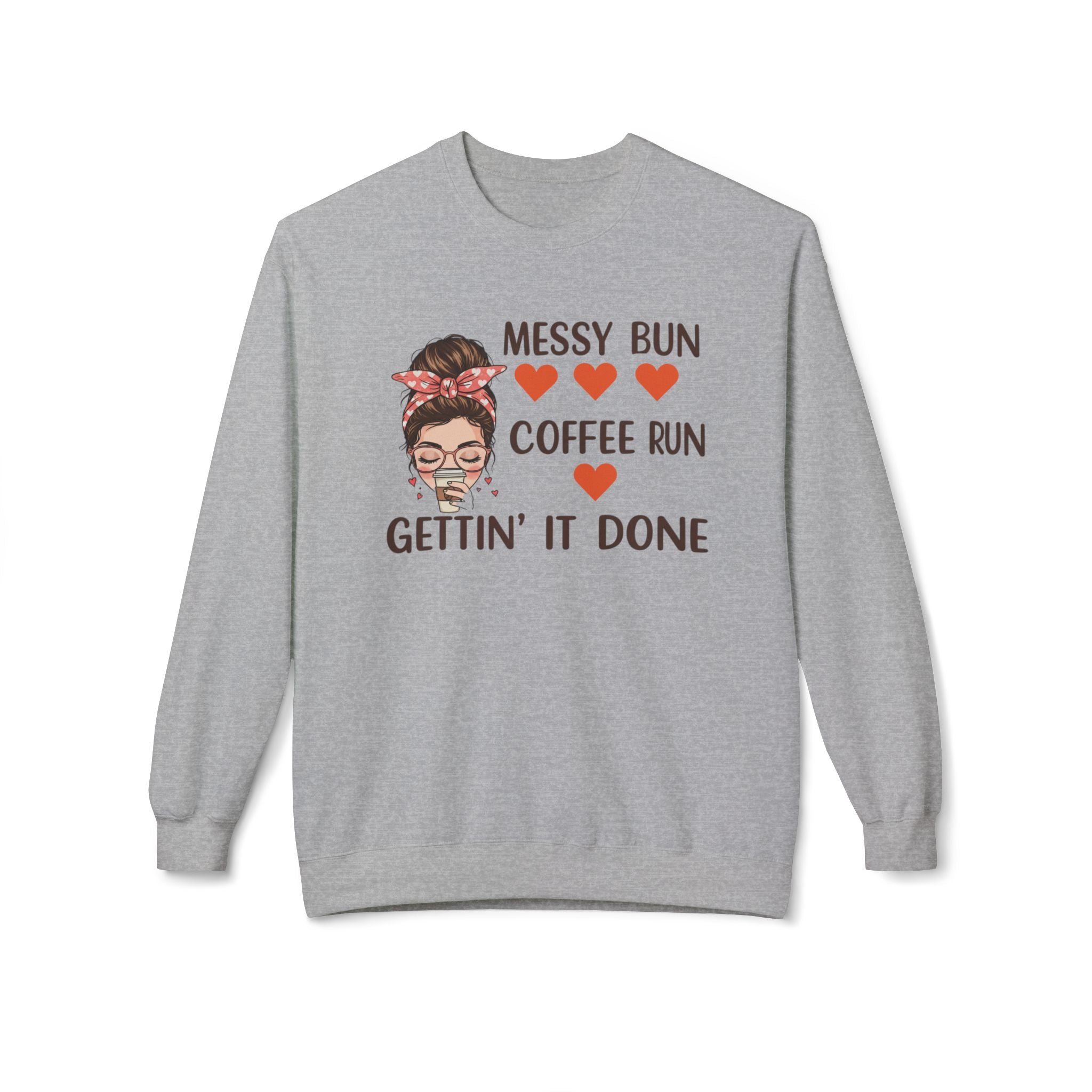 LuckeLadybug coffee lover fleece sweatshirt in gray with messy bun design and motivational coffee quote