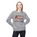 LuckeLadybug coffee lover fleece sweatshirt with messy bun graphic and motivational text in gray