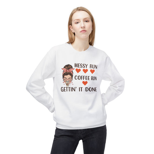 LuckeLadybug white coffee lover fleece sweatshirt with messy bun coffee run graphic and red heart accents