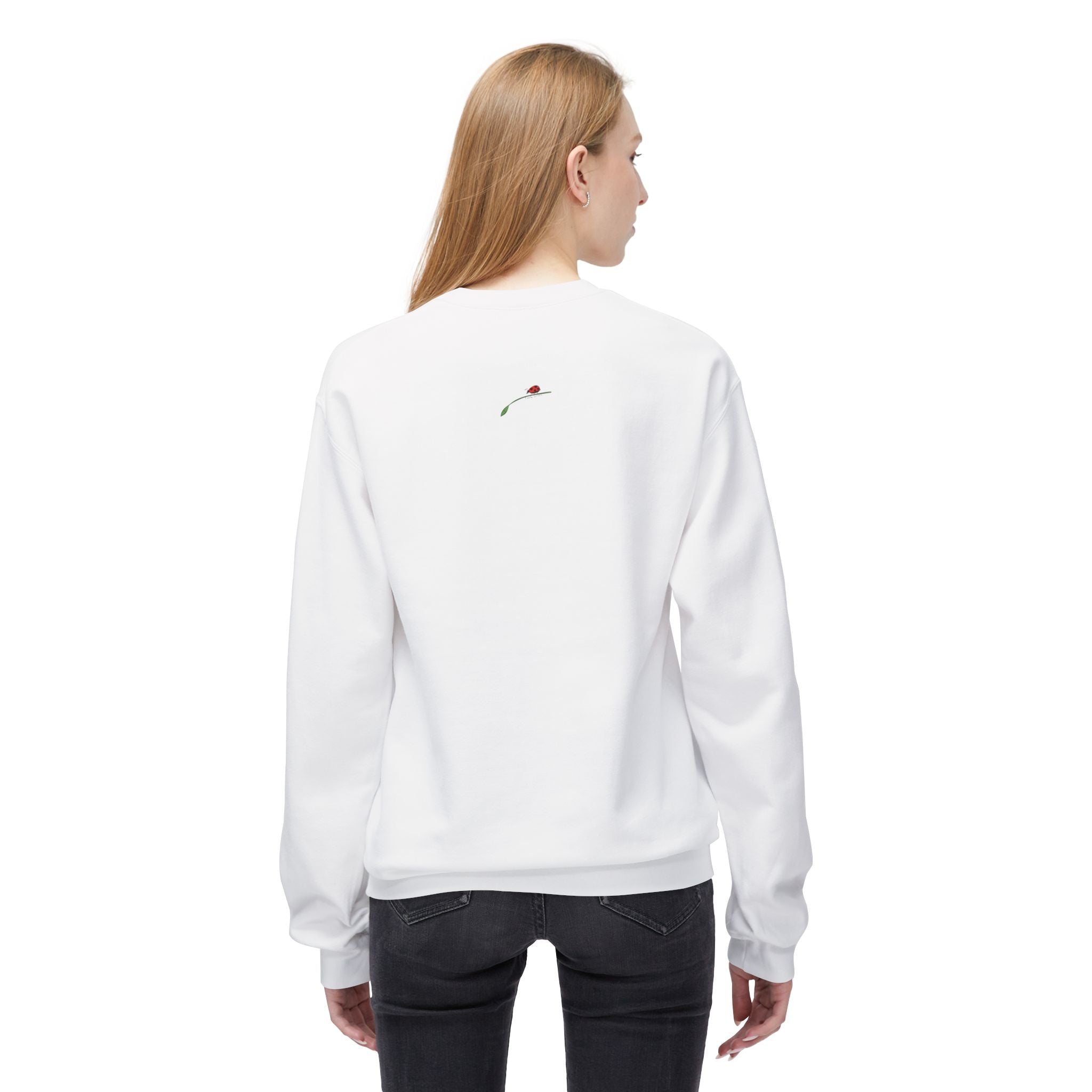 LuckeLadybug coffee lover fleece sweatshirt in white with small rose detail on the back, worn by a woman