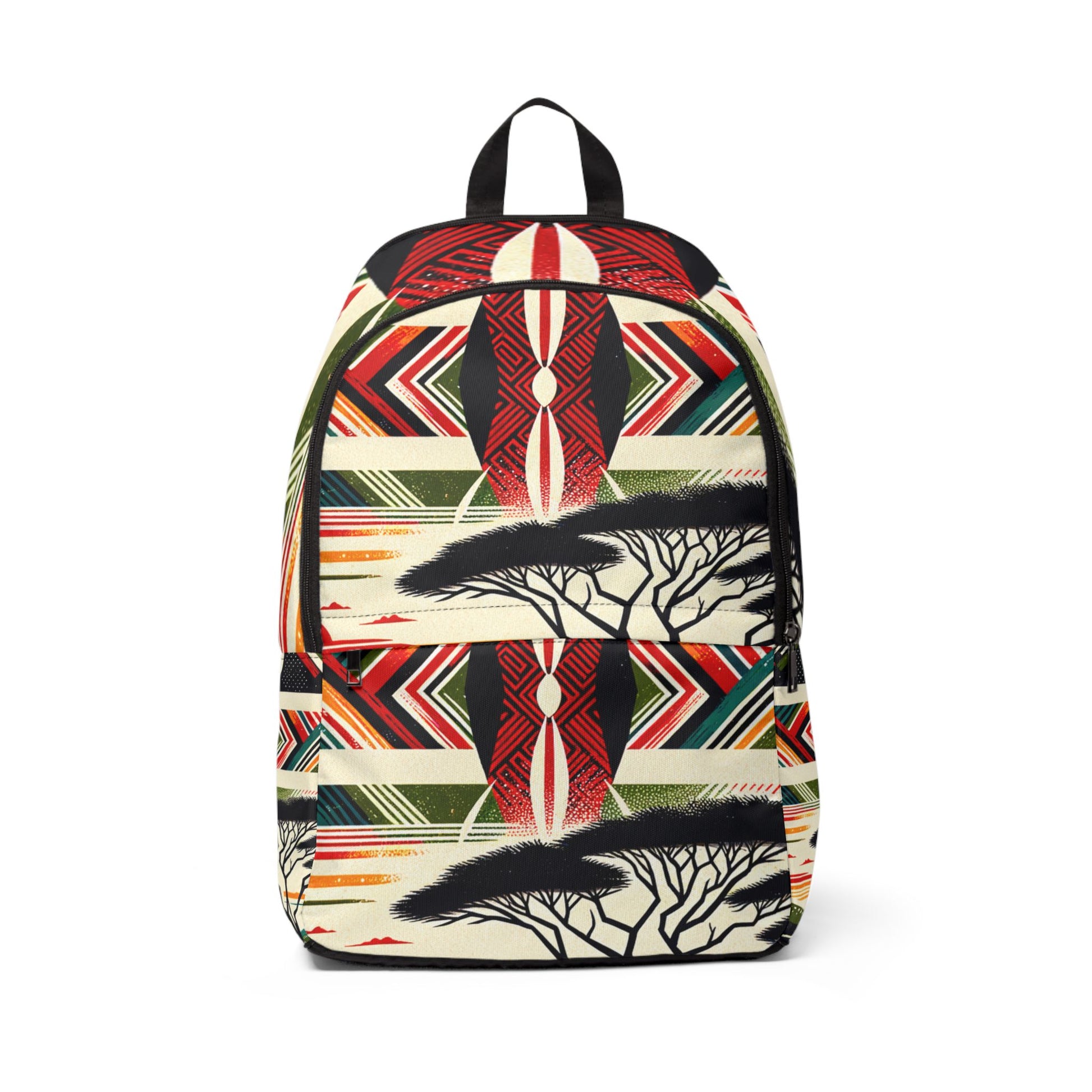 Colorful African inspired backpack with vibrant tribal patterns and tree silhouette design