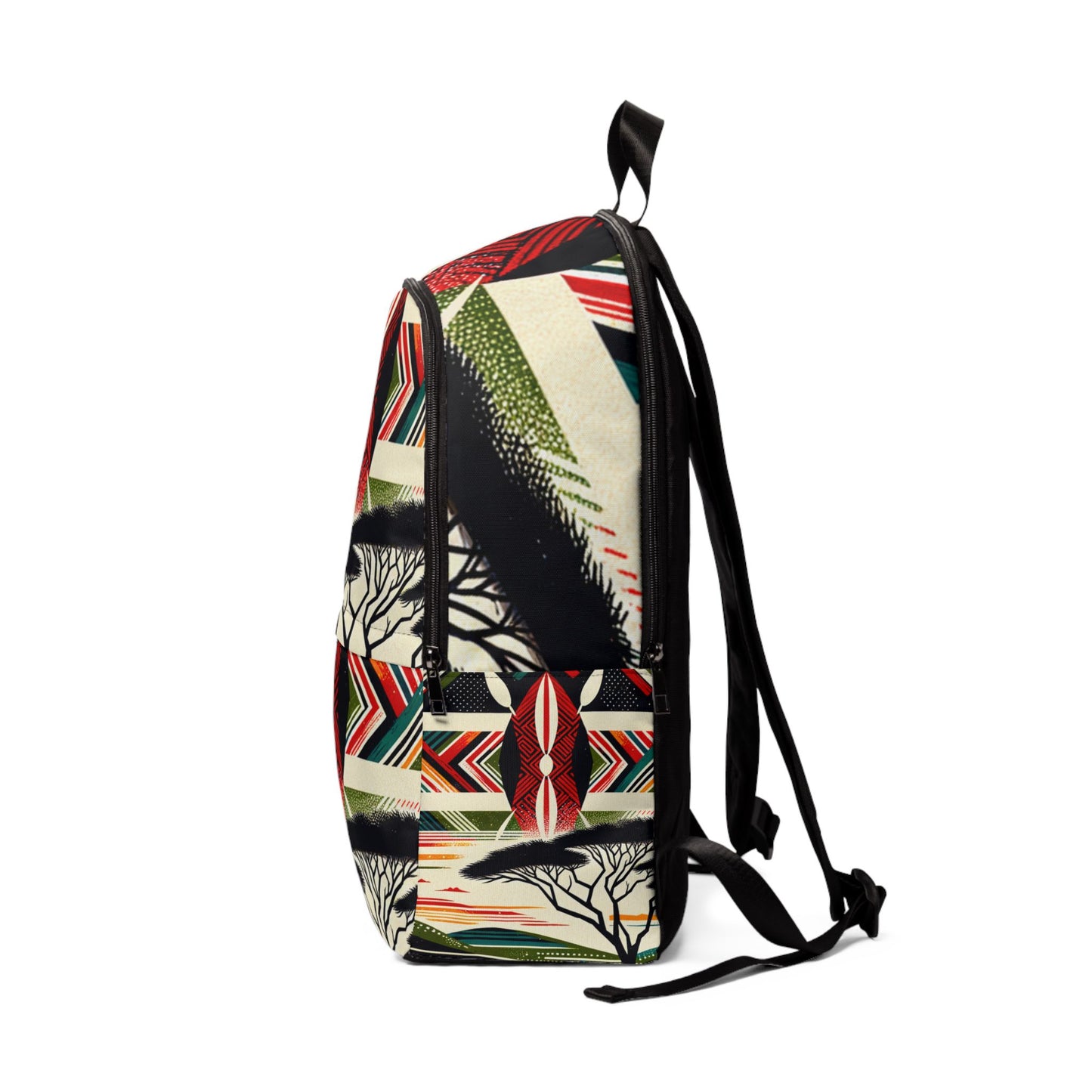 LuckeLadybug colorful African inspired backpack with vibrant geometric and nature patterns side view