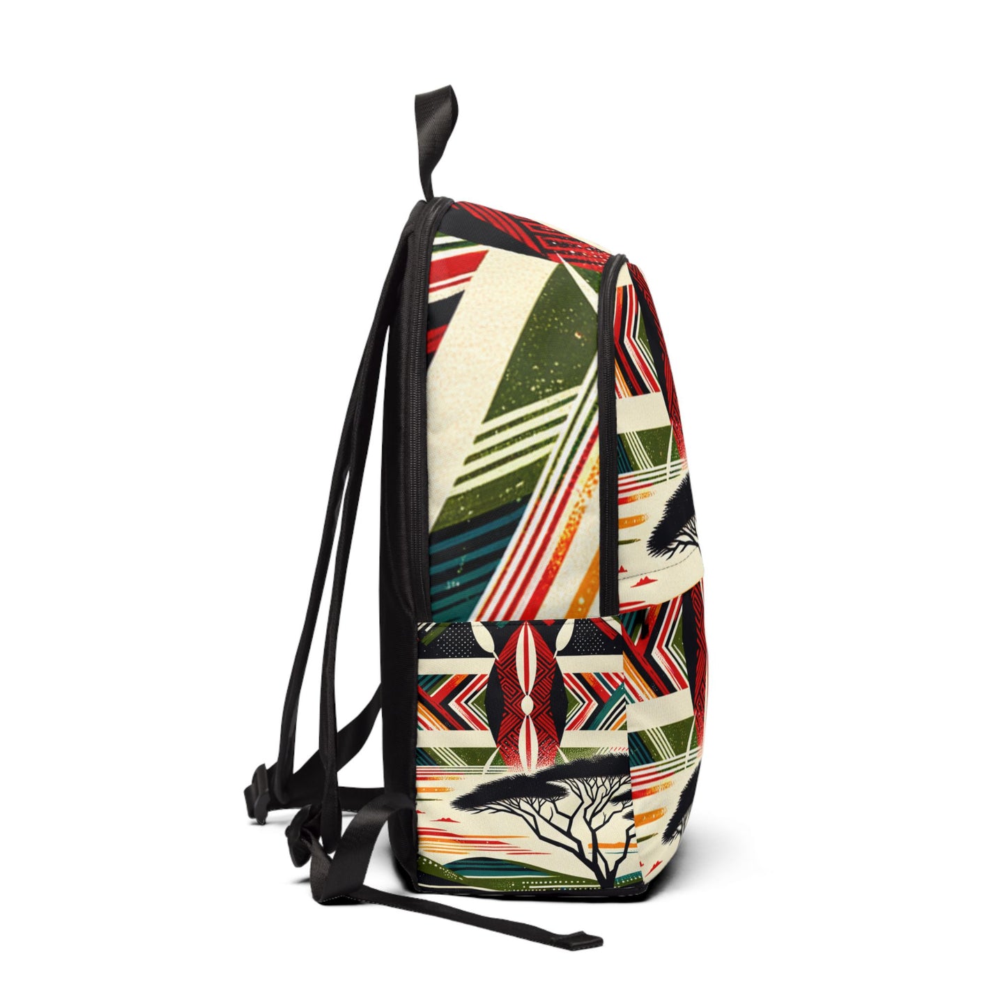 Colorful African inspired backpack by LuckeLadybug featuring vibrant geometric patterns and adjustable straps
