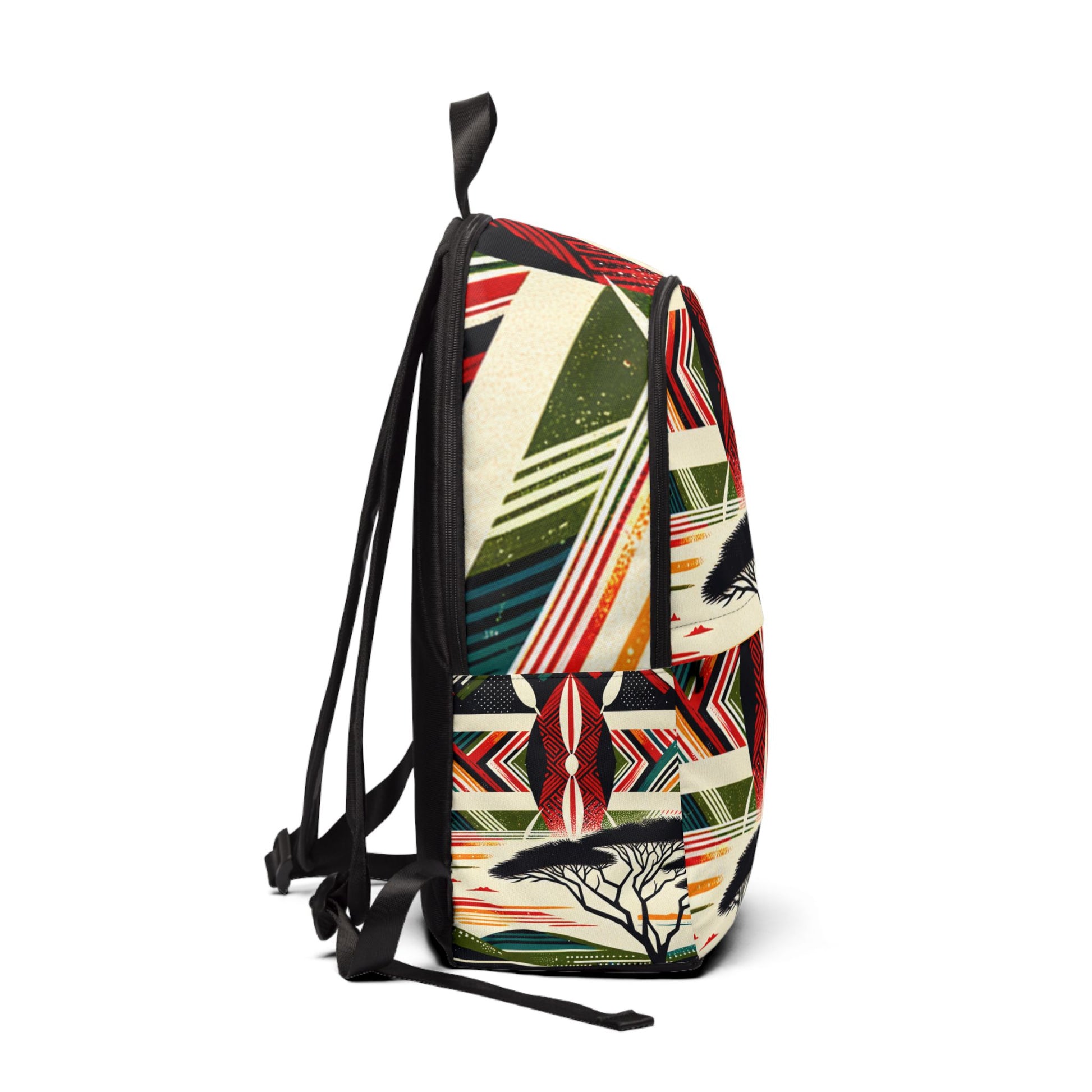 Colorful African inspired backpack by LuckeLadybug featuring vibrant geometric patterns and adjustable straps