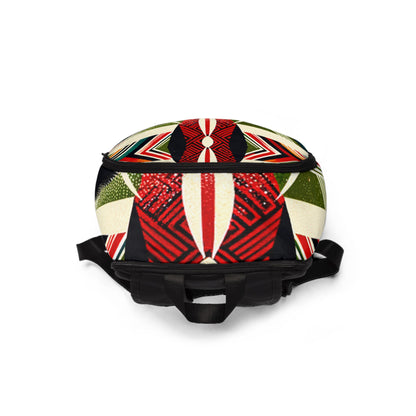 Colorful African inspired backpack with vibrant red, green, black, and white geometric patterns