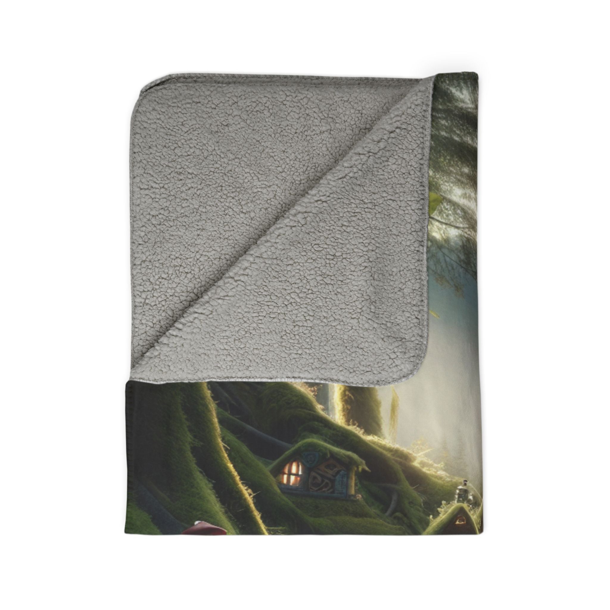 Cozy whimsical throw blanket by LuckeLadybug featuring a gray sherpa interior and fantasy forest design