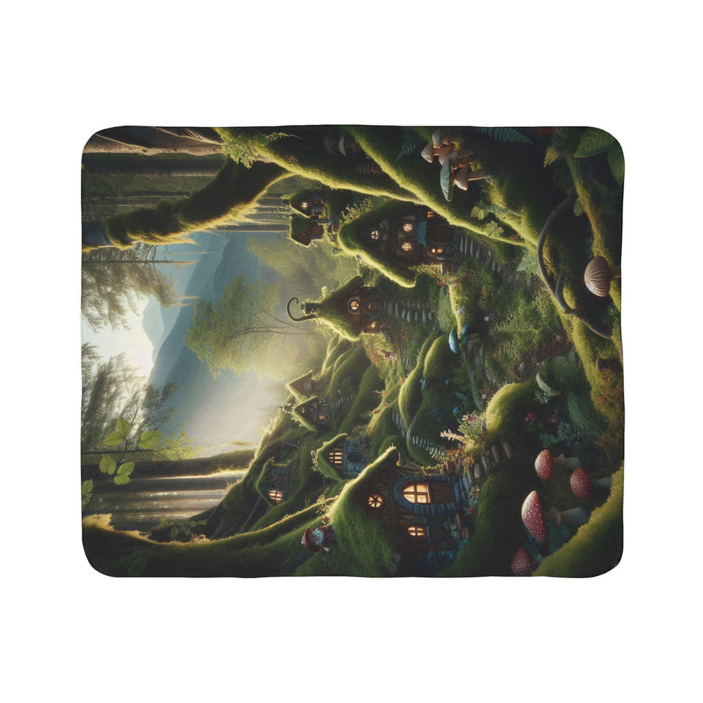 LuckeLadybug cozy whimsical throw blanket featuring a magical forest scene with moss-covered fairy houses and glowing windows