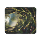 LuckeLadybug cozy whimsical throw blanket featuring a magical forest scene with moss-covered fairy houses and glowing windows