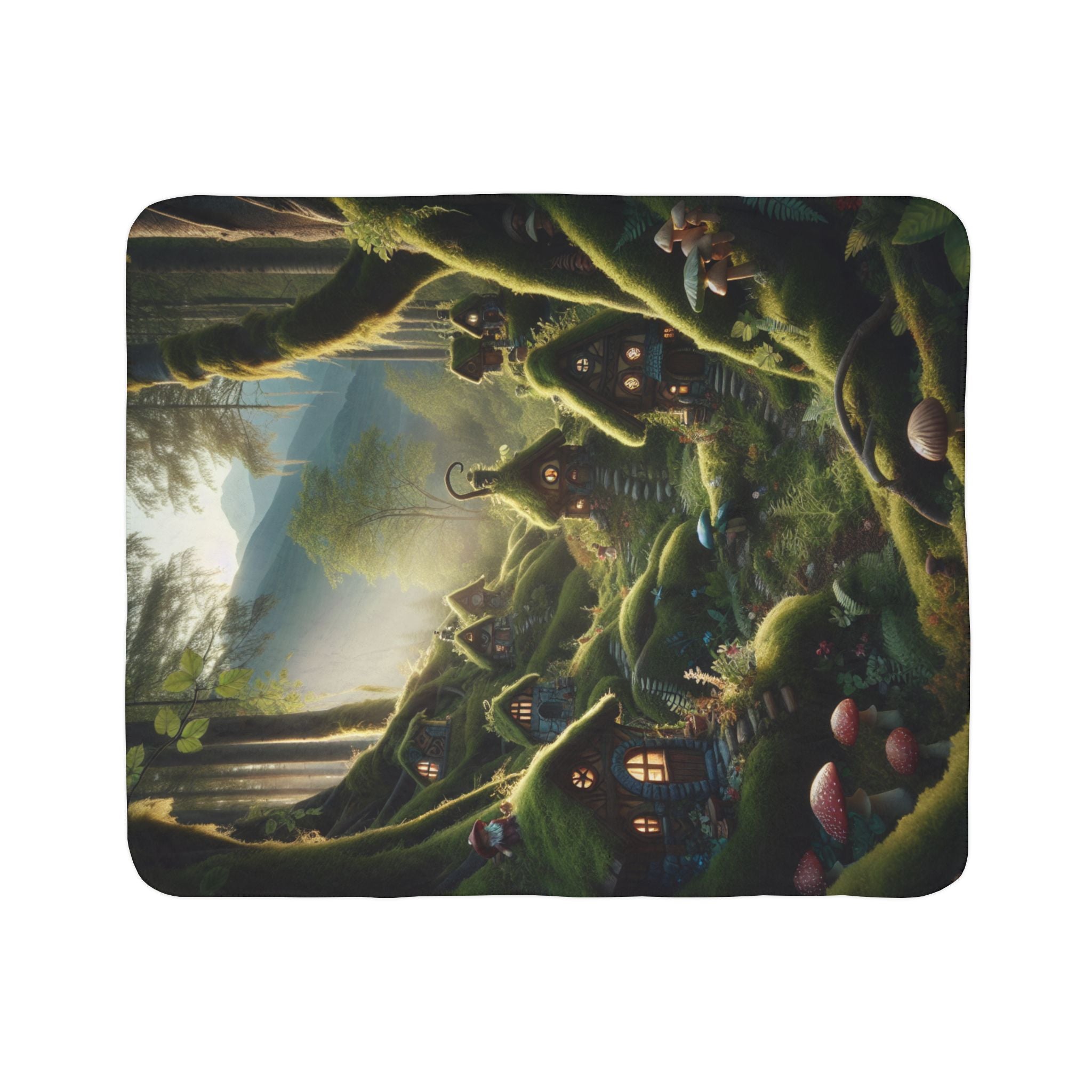 LuckeLadybug cozy whimsical throw blanket featuring a magical forest scene with moss-covered fairy houses and glowing windows