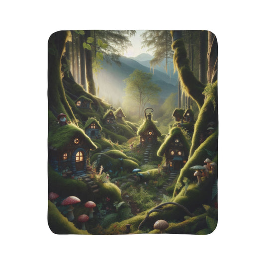 LuckeLadybug cozy whimsical throw blanket featuring a magical forest village with mushroom houses at sunrise