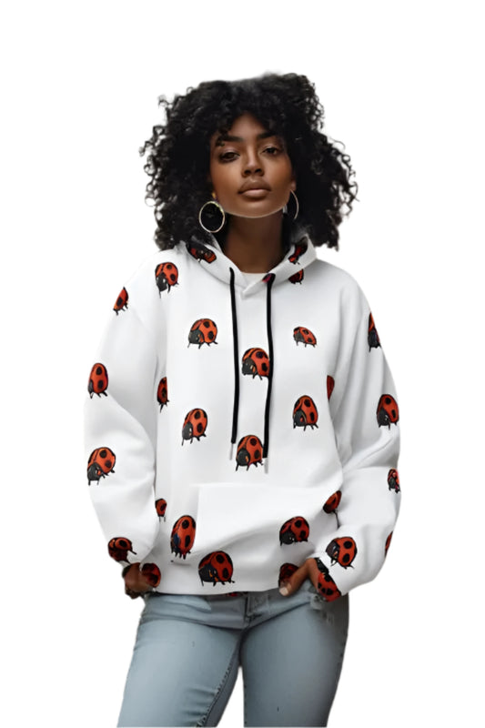 Cute ladybug hoodie for women by luckeladybug featuring white fabric with red ladybug prints