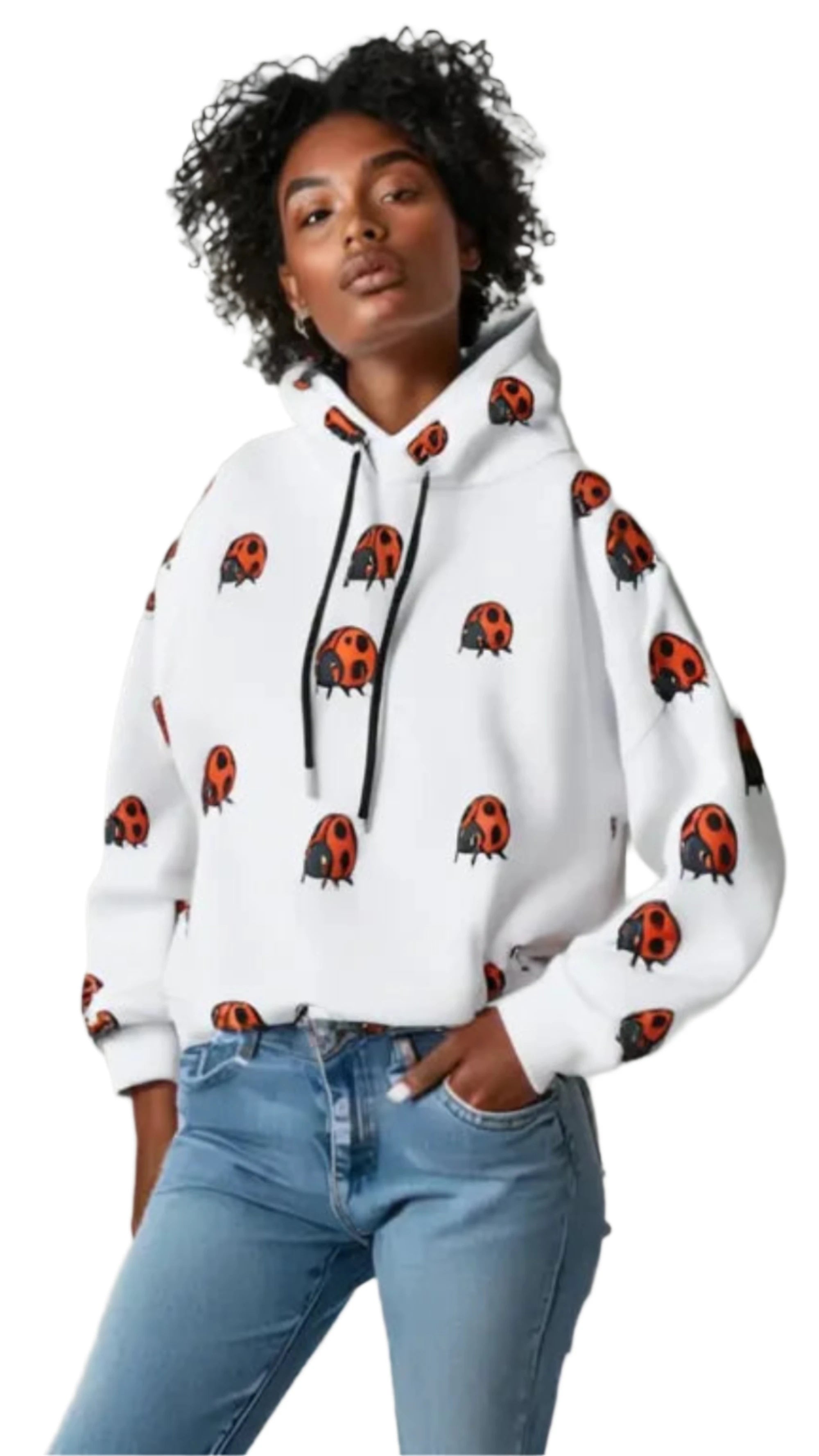 Cute ladybug hoodie for women with white background and all-over red ladybug print by luckeladybug