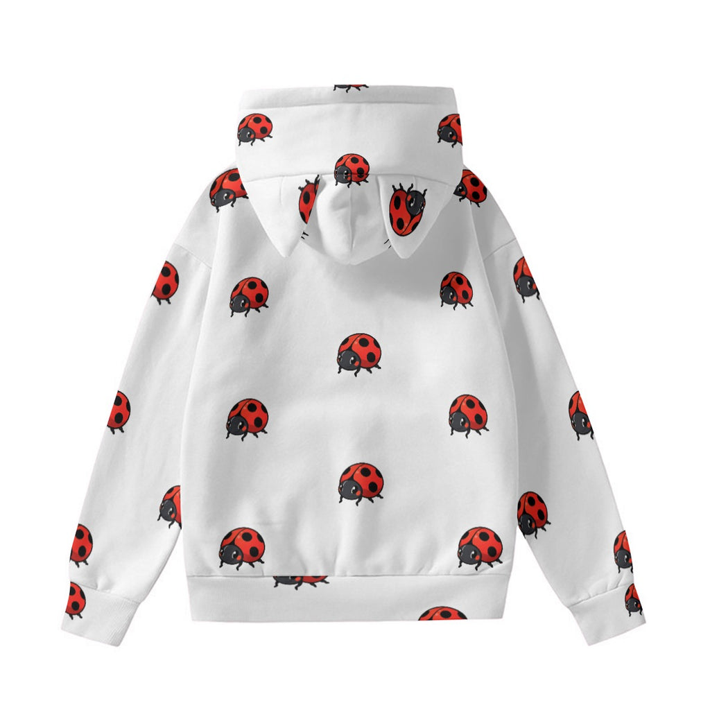 White cute ladybug hoodie for women with red and black ladybug pattern and hoodie ears