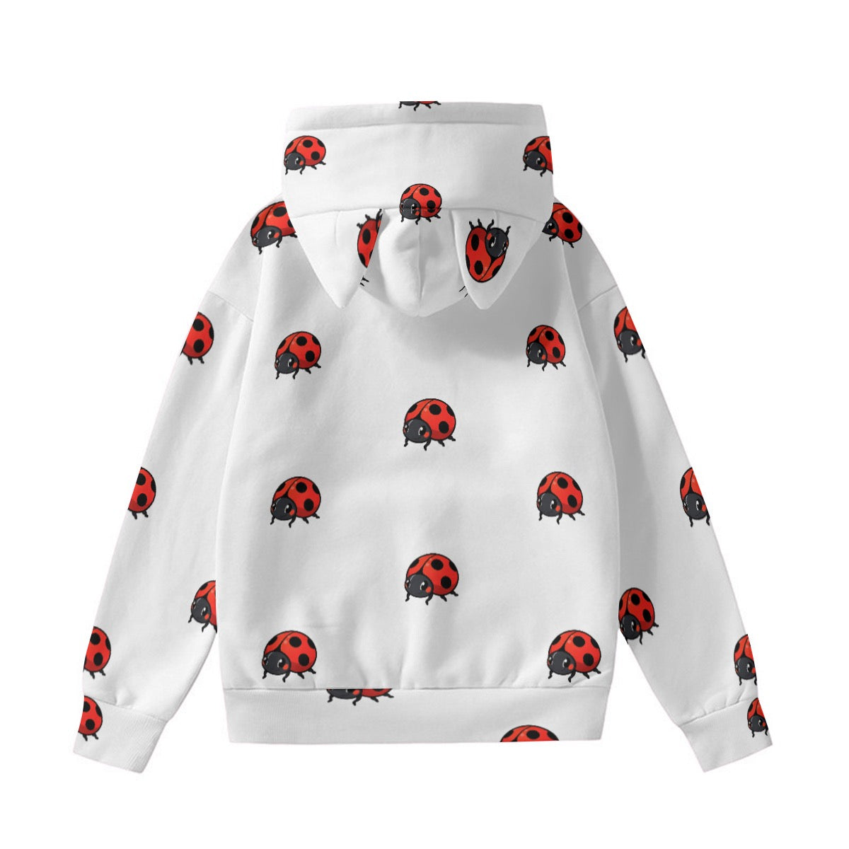White cute ladybug hoodie for women with red and black ladybug pattern and hoodie ears