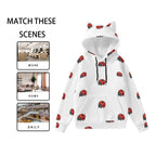 Cute ladybug hoodie for women in white with red ladybug print and cat ear hood