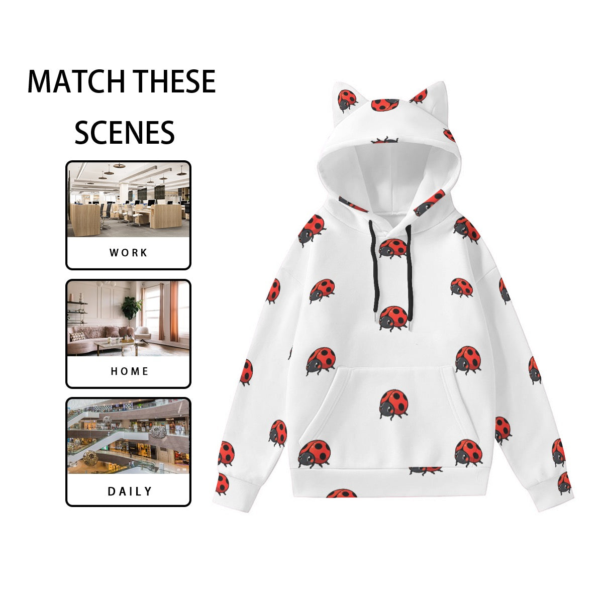 Cute ladybug hoodie for women in white with red ladybug print and cat ear hood