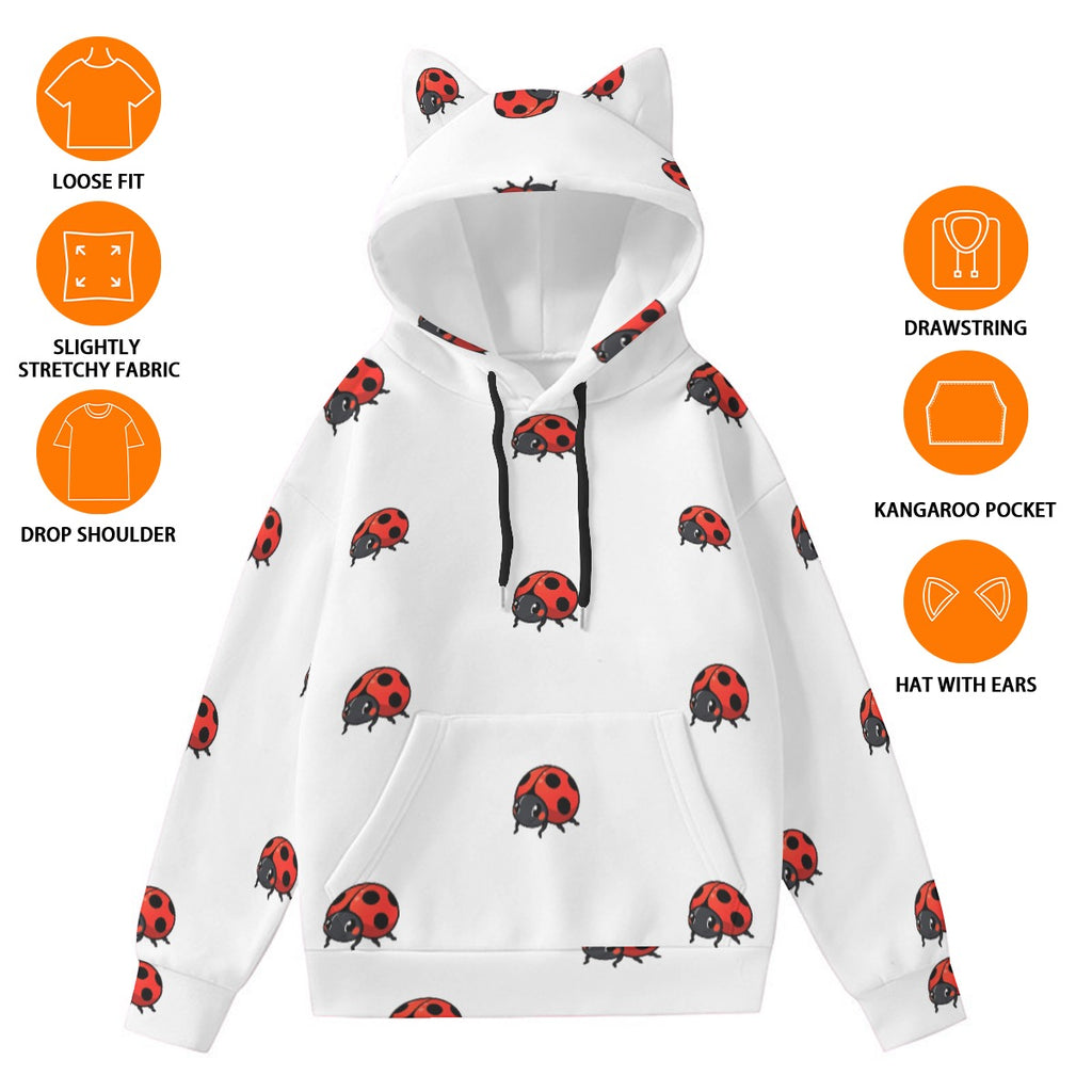 Cute ladybug hoodie for women with white fabric, black drawstrings, kangaroo pocket, and hood with ears