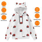 Cute ladybug hoodie for women with white fabric, black drawstrings, kangaroo pocket, and hood with ears