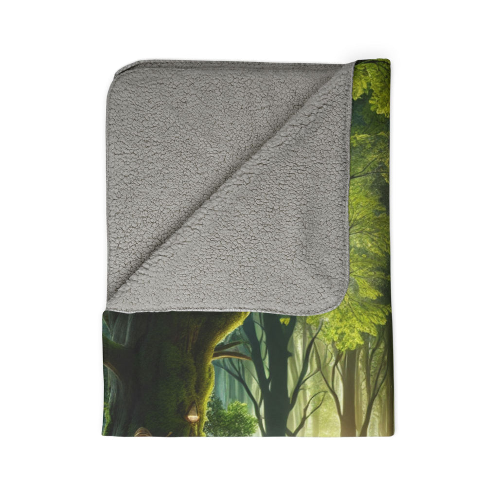 LuckeLadybug gnome forest sherpa blanket with soft gray sherpa lining and forest gnome design