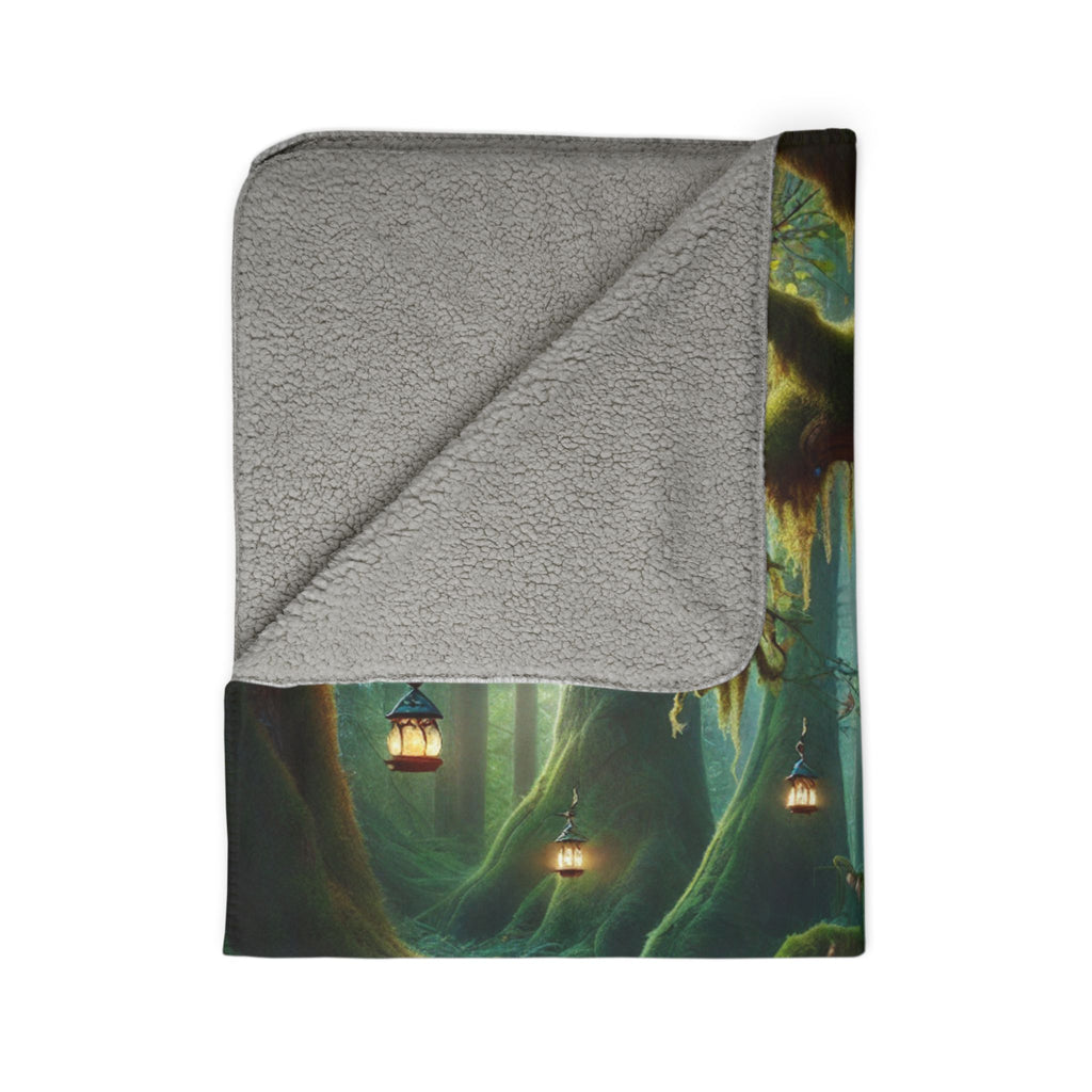 Gnome forest sherpa blanket with cozy gray sherpa lining and enchanted forest lantern design