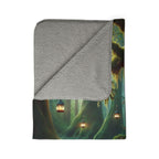 Gnome forest sherpa blanket with cozy gray sherpa lining and enchanted forest lantern design