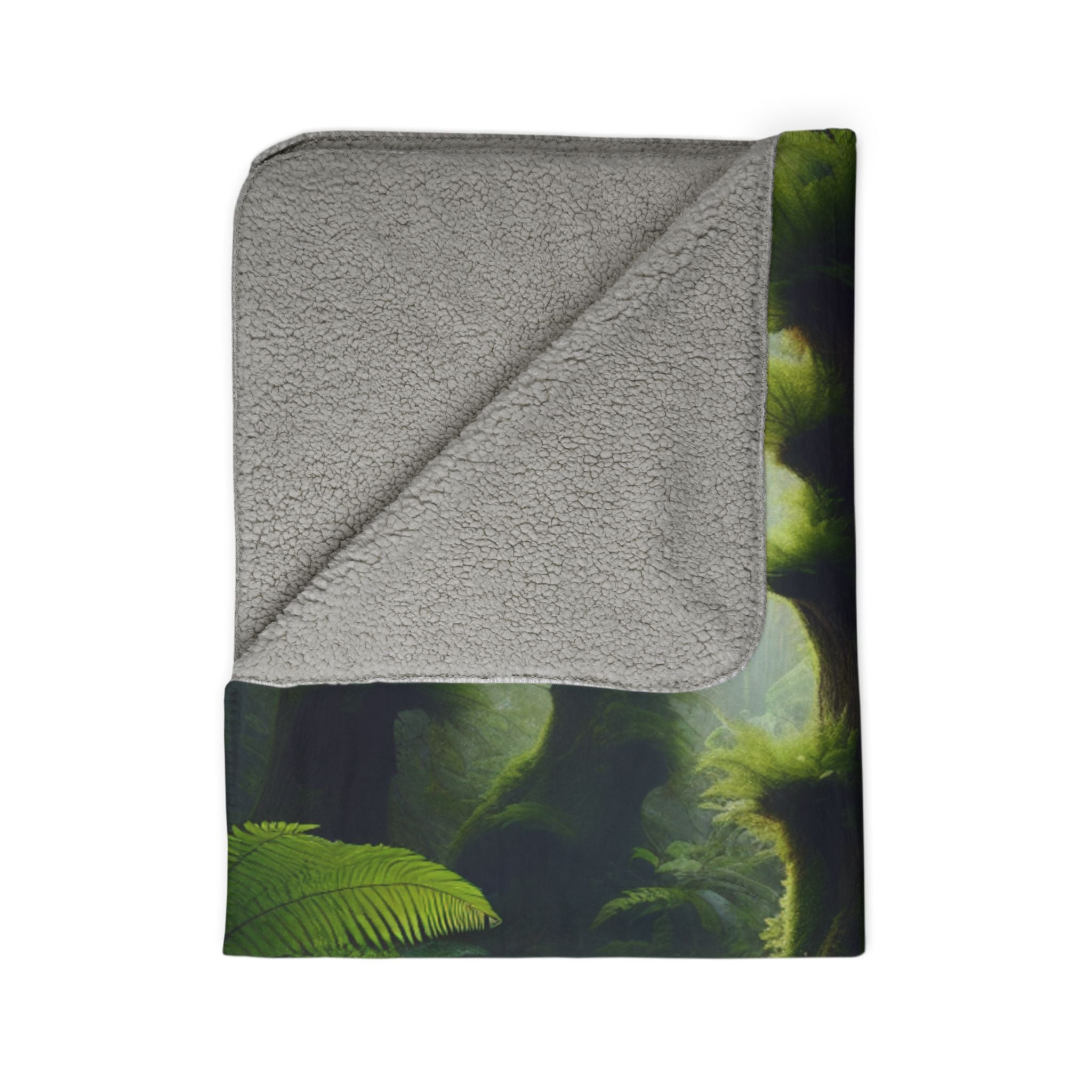 LuckeLadybug gnome forest sherpa blanket with soft gray sherpa lining and green forest design