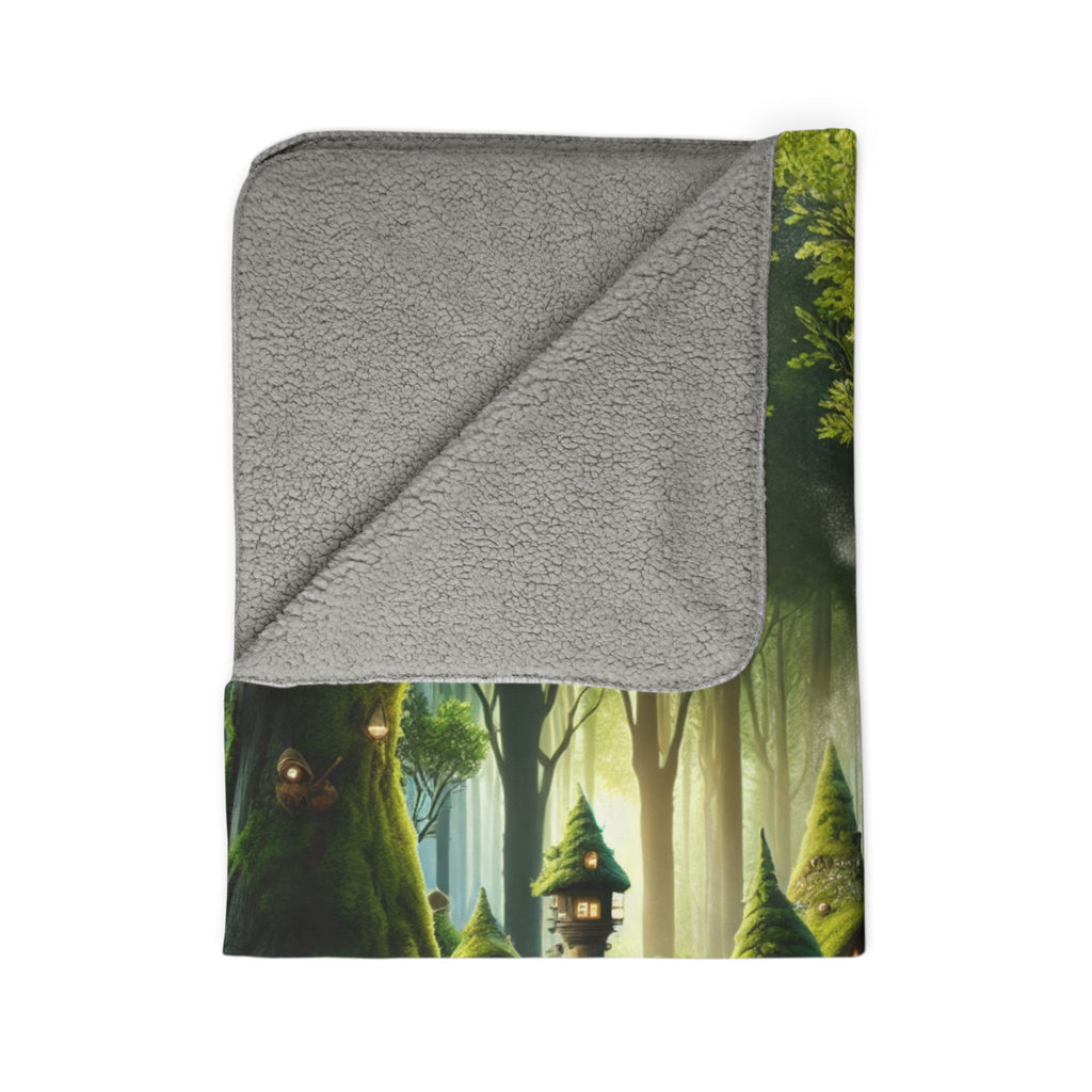 LuckeLadybug gnome forest sherpa blanket with cozy gray fleece backing and whimsical forest gnome design