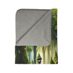 LuckeLadybug gnome forest sherpa blanket with cozy gray fleece backing and whimsical forest gnome design