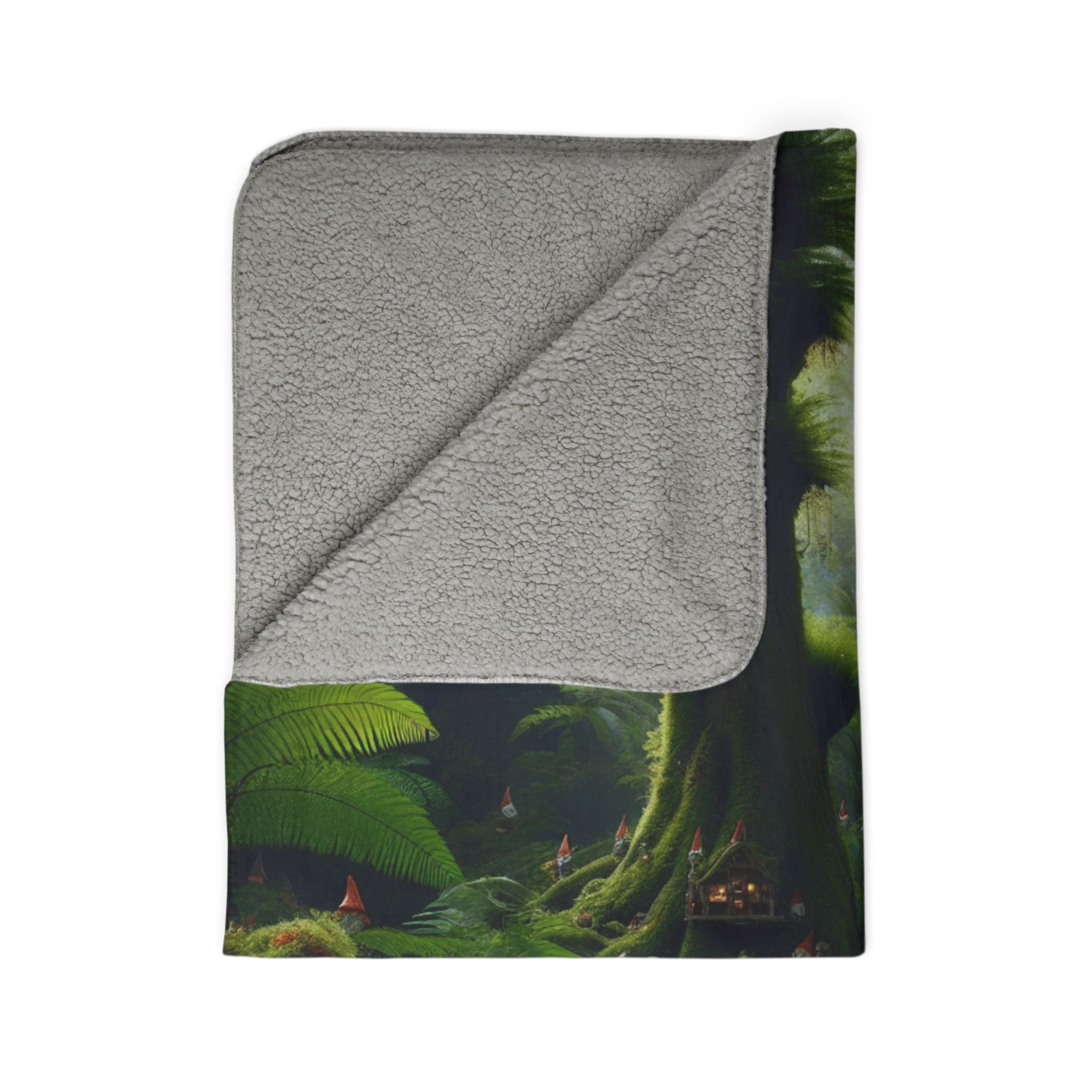 LuckeLadybug gnome forest sherpa blanket with cozy gray sherpa lining and detailed forest design