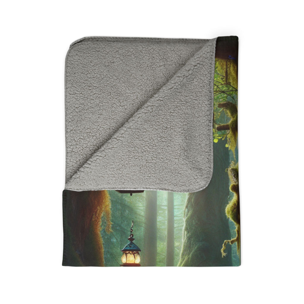 LuckeLadybug gnome forest sherpa blanket with cozy grey sherpa lining and enchanted forest design