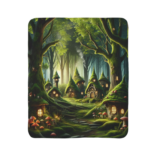 LuckeLadybug gnome forest sherpa blanket featuring cozy gnome houses in a magical forest scene