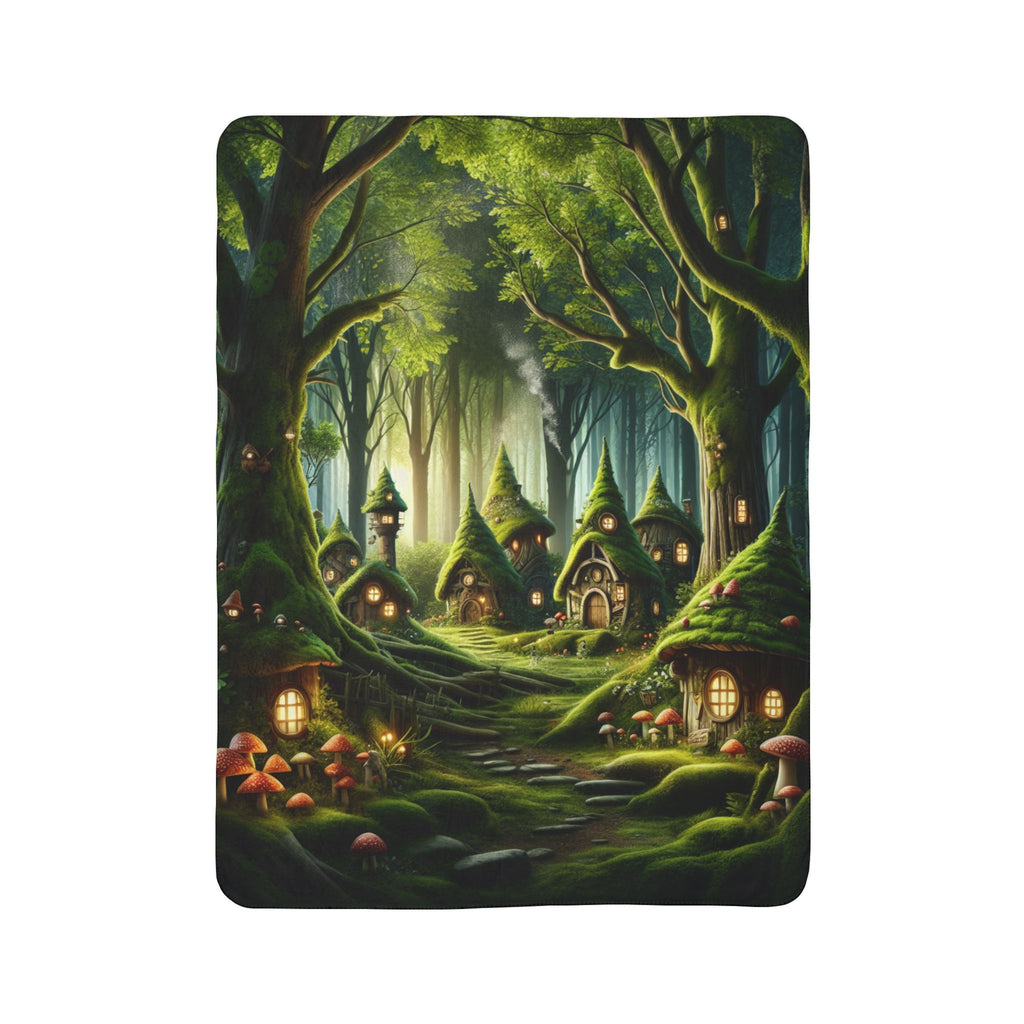 LuckeLadybug gnome forest sherpa blanket featuring cozy gnome homes in a magical green forest