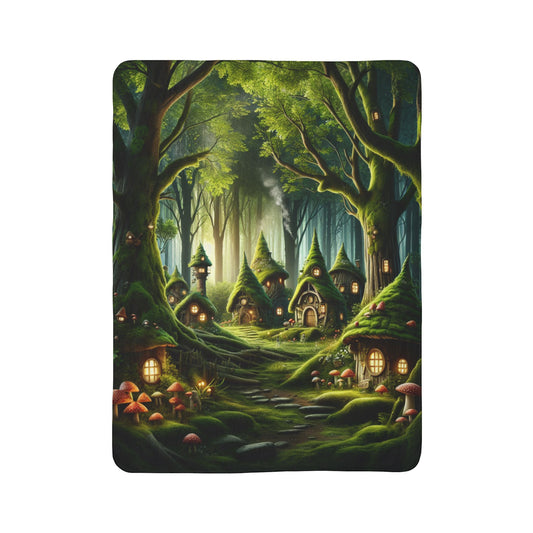 LuckeLadybug gnome forest sherpa blanket featuring cozy gnome homes in a magical green forest