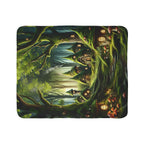 LuckeLadybug gnome forest sherpa blanket featuring a cozy gnome village scene with glowing lights in a magical forest