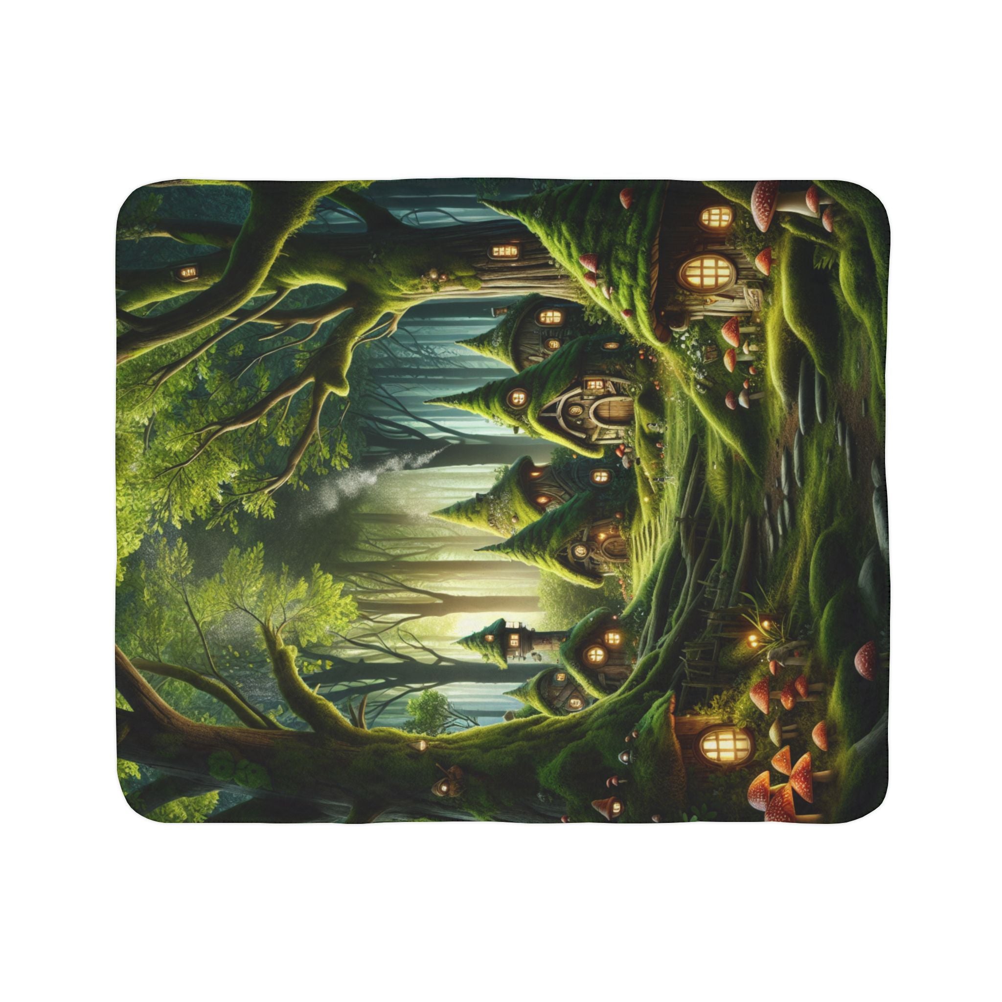 LuckeLadybug gnome forest sherpa blanket featuring a cozy gnome village scene with glowing lights in a magical forest