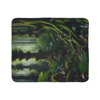 LuckeLadybug gnome forest sherpa blanket featuring a whimsical mossy woodland scene with gnomes and mushrooms