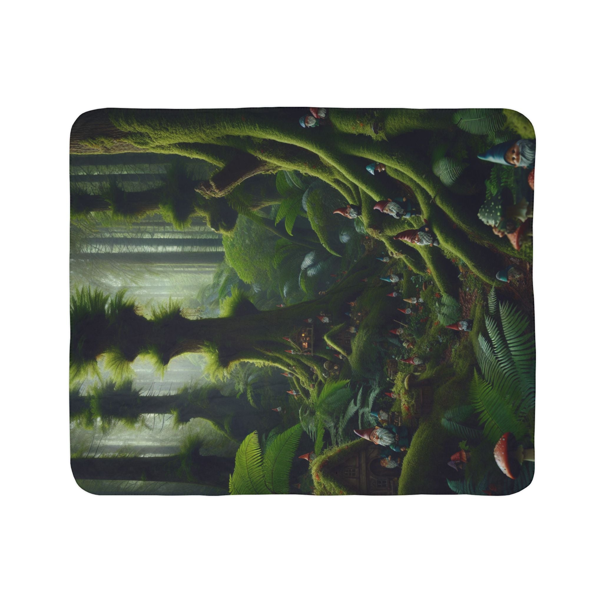 LuckeLadybug gnome forest sherpa blanket featuring a whimsical mossy woodland scene with gnomes and mushrooms